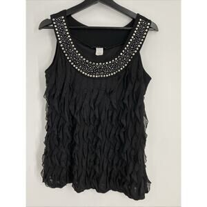 Vintage Y2K Beaded Ruffle Tank Top Size Medium Black Whimsigoth Fairy Grunge 990